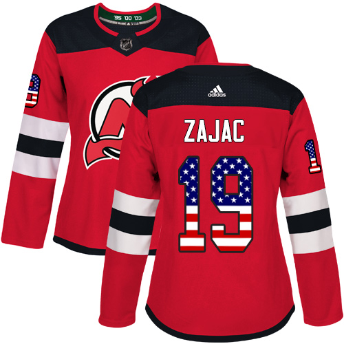 Adidas Devils #19 Travis Zajac Red Home Authentic USA Flag Women's Stitched NHL Jersey - Click Image to Close